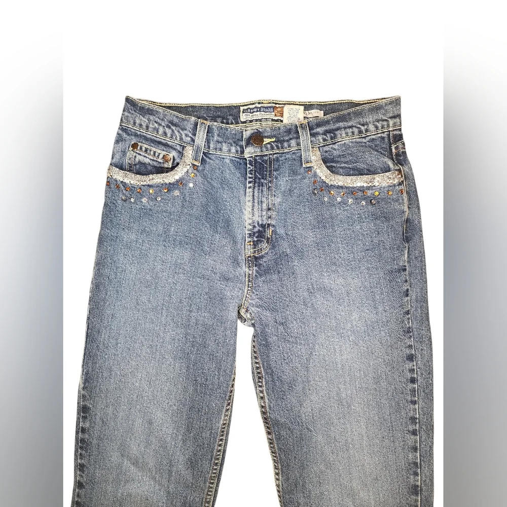 ​VTG Old Navy Y2K Lace Flare Jeans Bedazzled Idaho Star Size 8 Long Custom - Picture 2 of 12